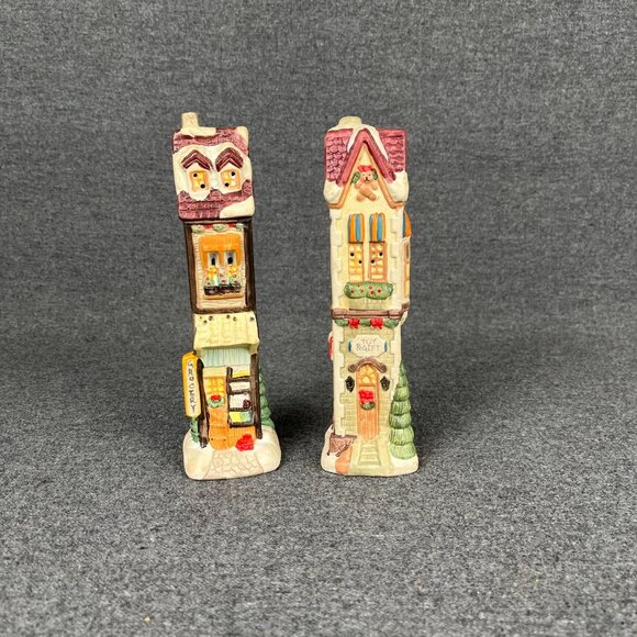 River Grove Pottery Works Christmas Porcelain Village 2 Houses Grocery Toy Shop - Picture 1 of 9